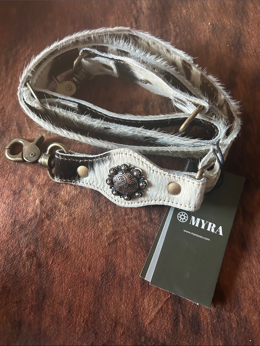 Myra Bag White and Brown Leather Strap with Concho Accent